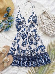 Soleia Vacation V-Neck Hollow Out A-Line Backless Slip Dress