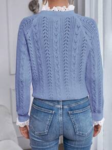 SHEIN LUNE 女士秋冬拼接刺绣立领插肩袖镂空针织套头衫 - 藍色 - 查看 2