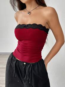 SHEIN EZwear Summer Going Out Contrast Pink Lace Trim Ruched Side Bow Front Tube Top