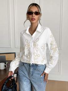 SHEIN Frenchy Damen Langarm Hemd mit Knopfleiste, minimalistischem Muster und Details, Lässig - Weiss - Übersicht 4