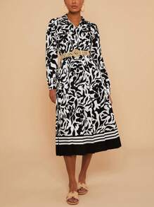 Travachic Bloemenprint Lange Mouw Voorkant Zak Shirt Jurk Voor Vrouwen, Midi Lengte