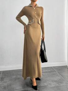 SHEIN Tall Women's Solid Color Splicing Front Button Pocket Long Sleeve Minimalist Long Dress - Mocha Brown - View 5