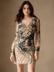 Anewsta Women Short Embroidery & Sequin Decor Long Sleeve Dress - Dark Green - View 4