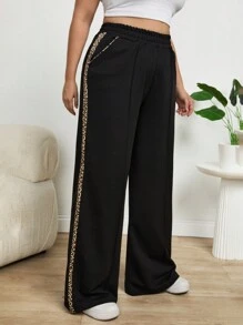 EURMUSE Plus Size Solid Color Patchwork Simple Long Pants, Casual For Daily Wear - Black - View 5