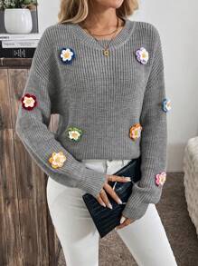 Calvaya 3D Flower Decor Women's Pullover Sweater, Simple Fashionable Casual Everyday Wear