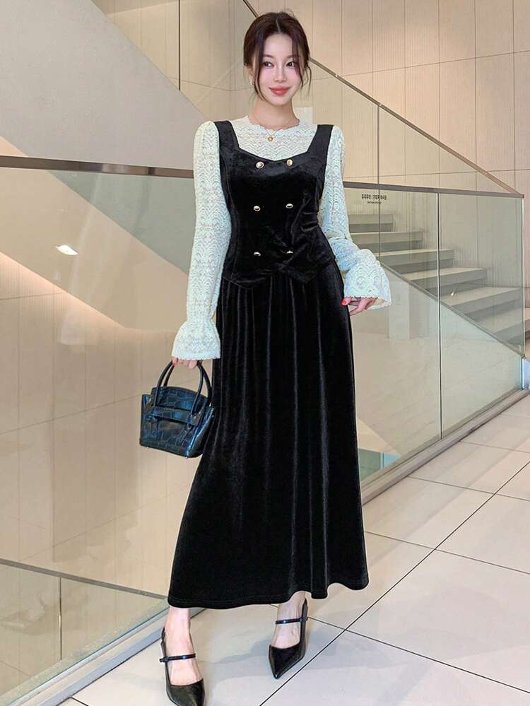 2pcs Women Velvet 2 In 1 Set: Round Neck Blouse And Skirt