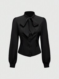 Kawaii Chemise femme à manches longues de couleur unie avec nœud papillon aux poignets