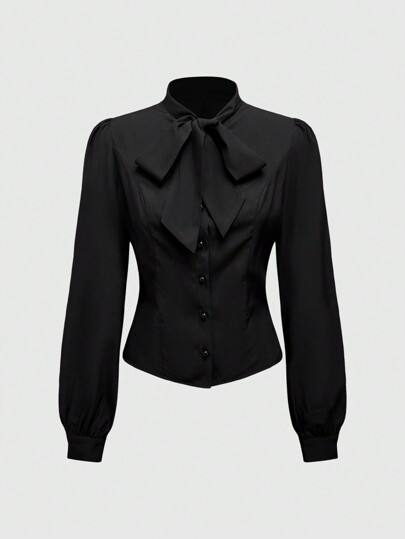 Kawaii Chemise femme à manches longues de couleur unie avec nœud papillon aux poignets