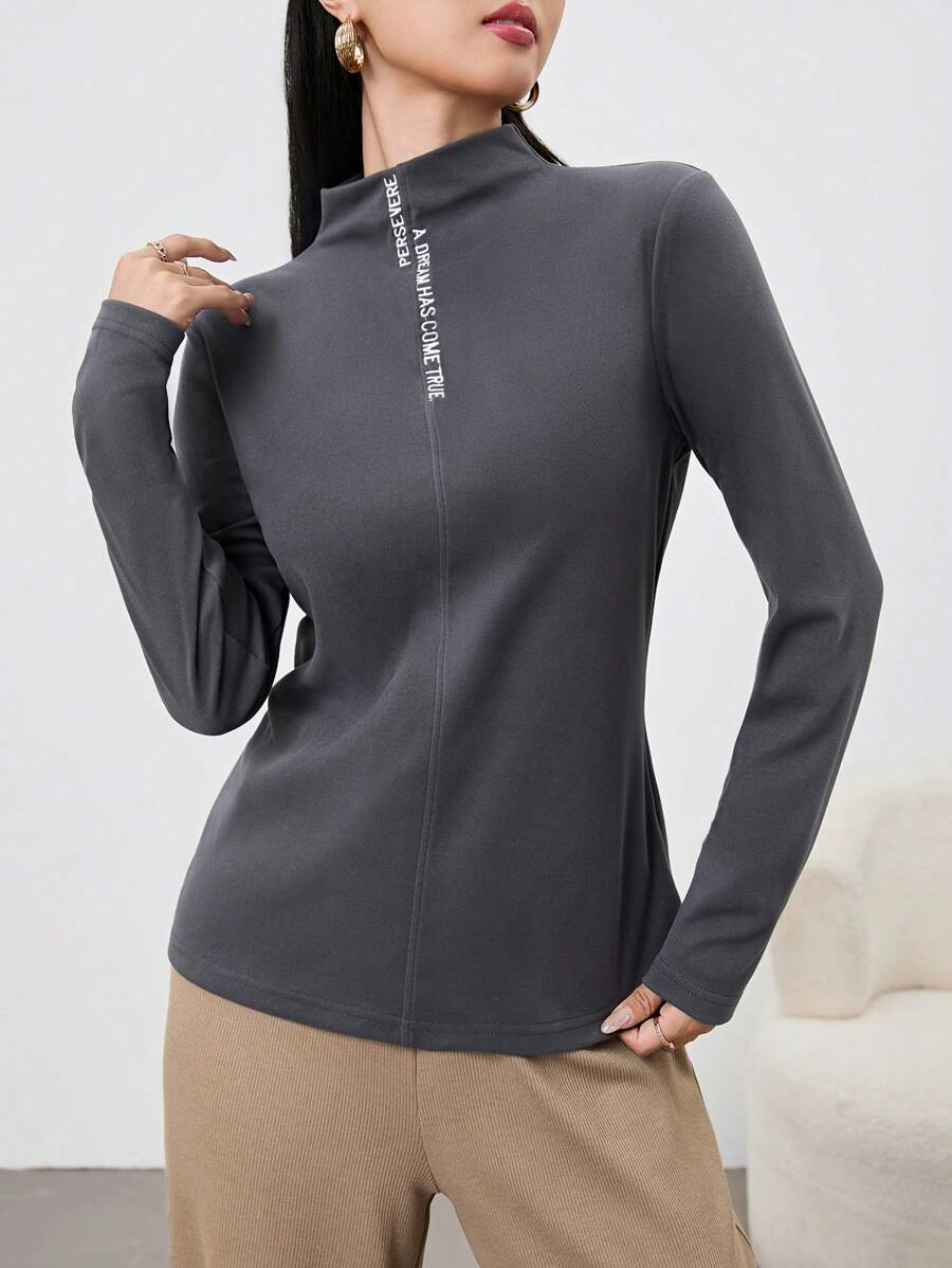 Mulvari Women Letter Print Stand Collar Long Sleeve Casual T-Shirt, Minimalist Everyday - Dark Grey - View 1