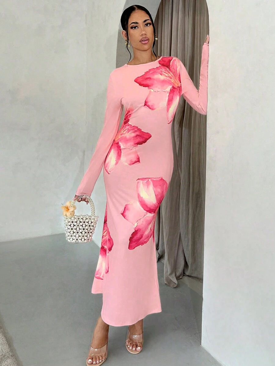 Glamine Váy dài tay họa tiết hoa cho nữ, trang phục Maxi thu đông cho nữ - Hồng - Xem 1