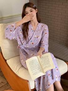DAZY Cute Allover Rabbit Print Wrap-Front Tie-Waist Loose Bathrobe Pajama - Purple - View 7