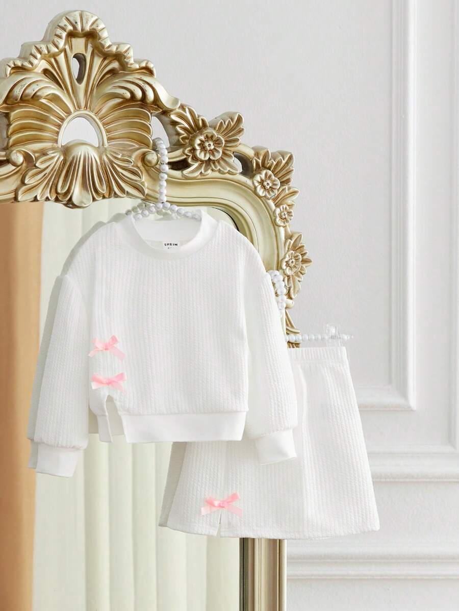 SHEIN 女婴甜美公主风格圆领蝴蝶结装饰上衣搭配不对称下摆和开衩裙套装，适合派对、秋冬季 - 白色 - 查看 1