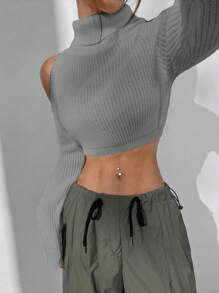SHEIN Unity Suéter de mujer con hombros abiertos, de estilo minimalista de cuello alto, de punto, para uso casual y diario en otoño e invierno - Gris Claro - Ver 5