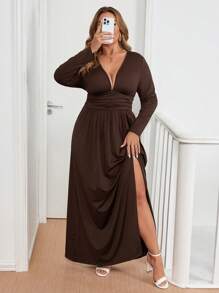 Gownix 黑色长袖长针织连衣裙，柔软舒适的大码女士连衣裙，优雅百搭，适合秋冬季 - 棕色 - 查看 9