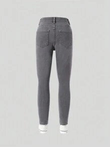 SHEIN Tween-Mädchen All-Match-Lässig-Minimalist-Schulstil, verstellbarer Bund, hochelastische 5-Pocket-Skinny-Jeans, mit Taschen, vielseitig einsetzbar, schlicht und modisch, das ganze Jahr über unverzichtbar