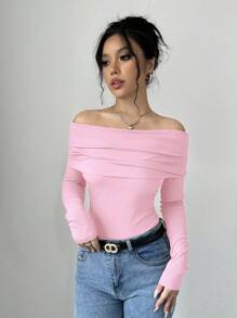 SHEIN Elenzya Áo cánh dài tay trễ vai trơn đơn giản cho nữ, trang phục thường ngày - Màu Hồng baby - Xem 5