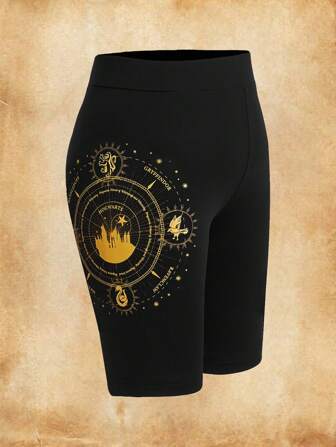 HARRY POTTER X SHEIN Women's Casual Elastic Waist Animal & Letter Print Black Cycling Shorts,Hogwarts