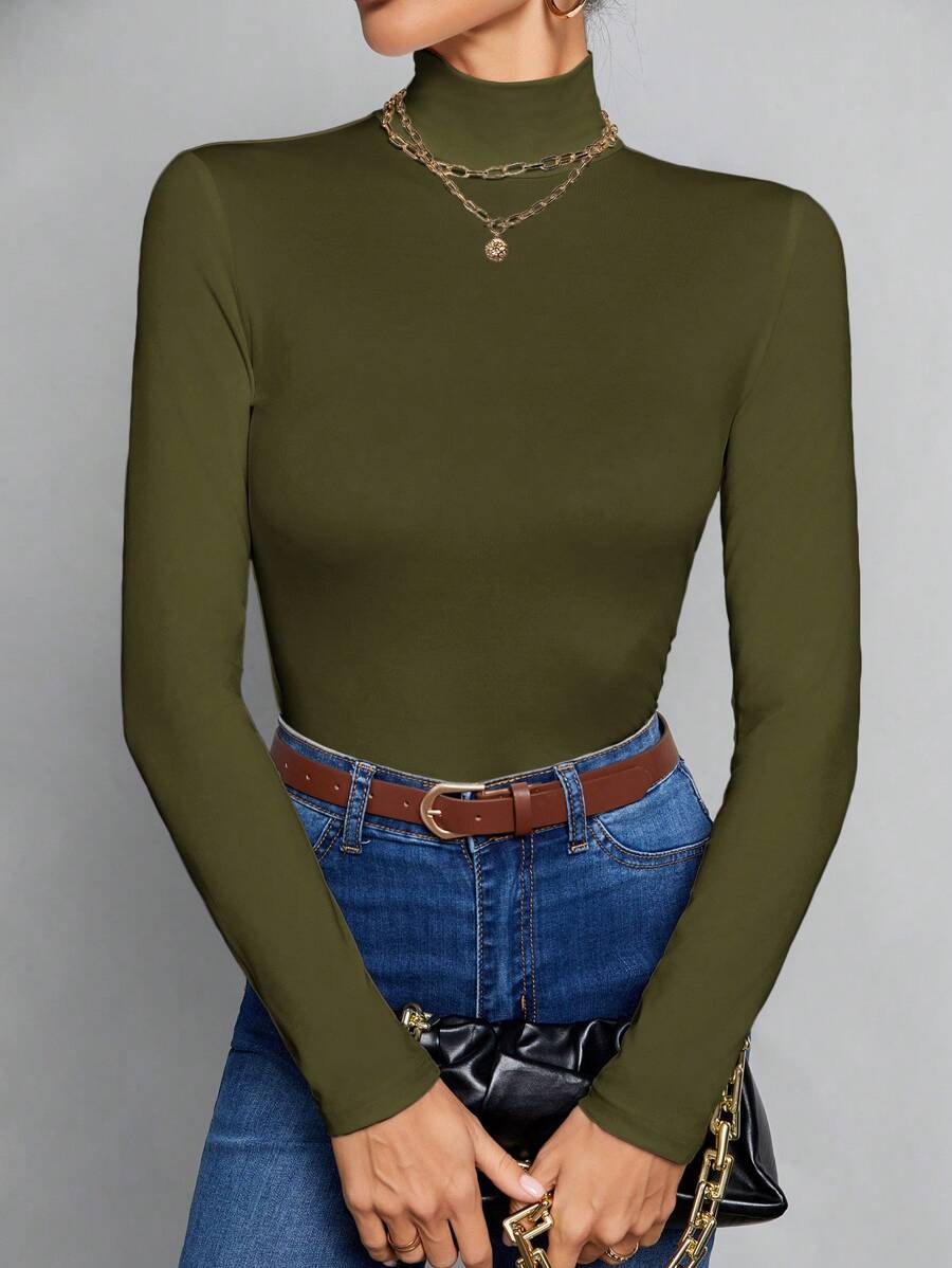 SHEIN Tall Atasan Putih Polos Sederhana dengan Kerah Tinggi, Cocok untuk Musim Gugur dan Musim Dingin, untuk Wanita Tinggi - Hijau Tentara - View 1