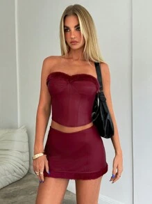 Aloruh Maroon Women's Sleeveless Tube Top With PU And Fuzzy Trim , Christmas Thanksgiving New Years Holiday Party Y2k - Burgundy - View 4