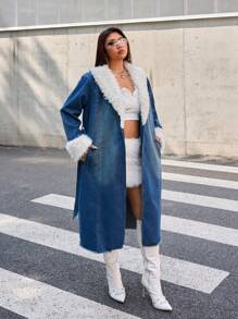 SHEIN ICON Plus Size Casual Color Block Fuzzy Patchwork Long Denim Jacket For Autumn/Winter
