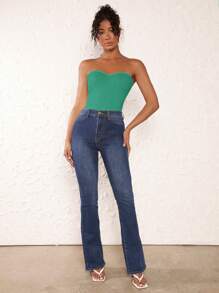 SHEIN BASICS Women Solid Color Fitted Casual Tube Top - Green - View 3