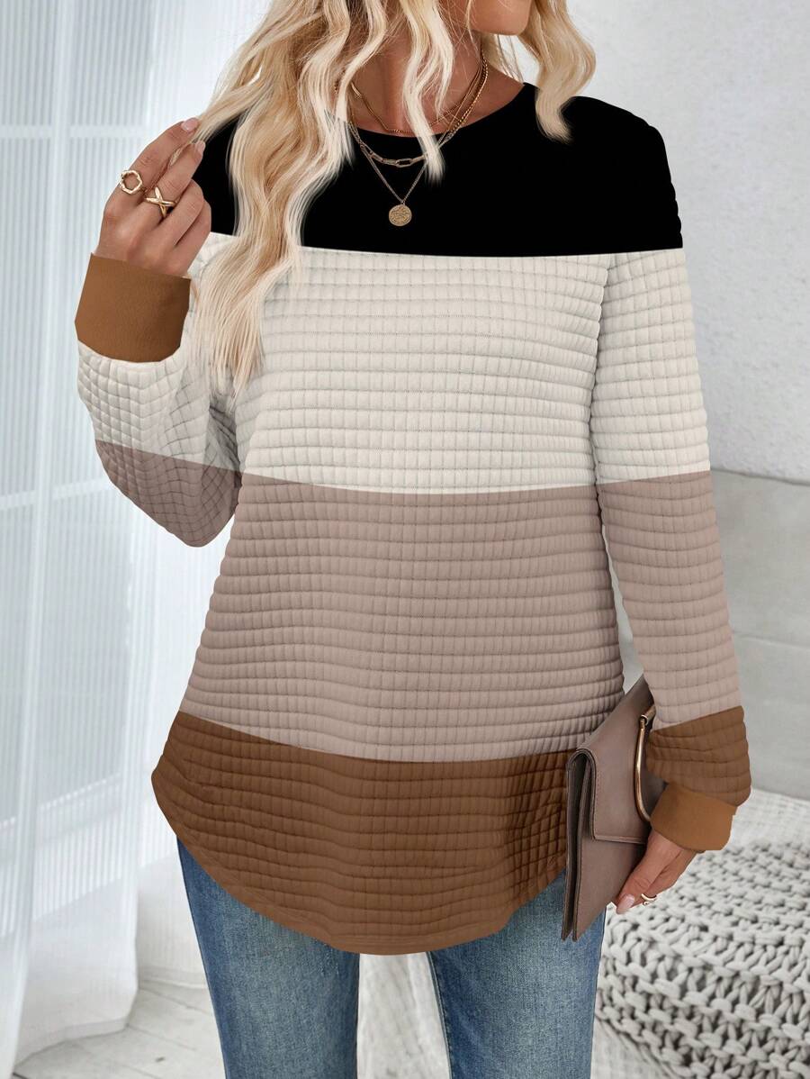 SHEIN LUNE Contrast Striped Crew Neck Casual White Sweatshirt With Hemline Slit Design, Autumn/Winter - Multicolor - View 1