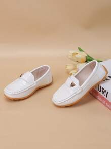 Mocasines planos cómodos con suela suave y hebilla en forma de cabeza de leopardo, estilo casual para niños - Blanco - Ver 1