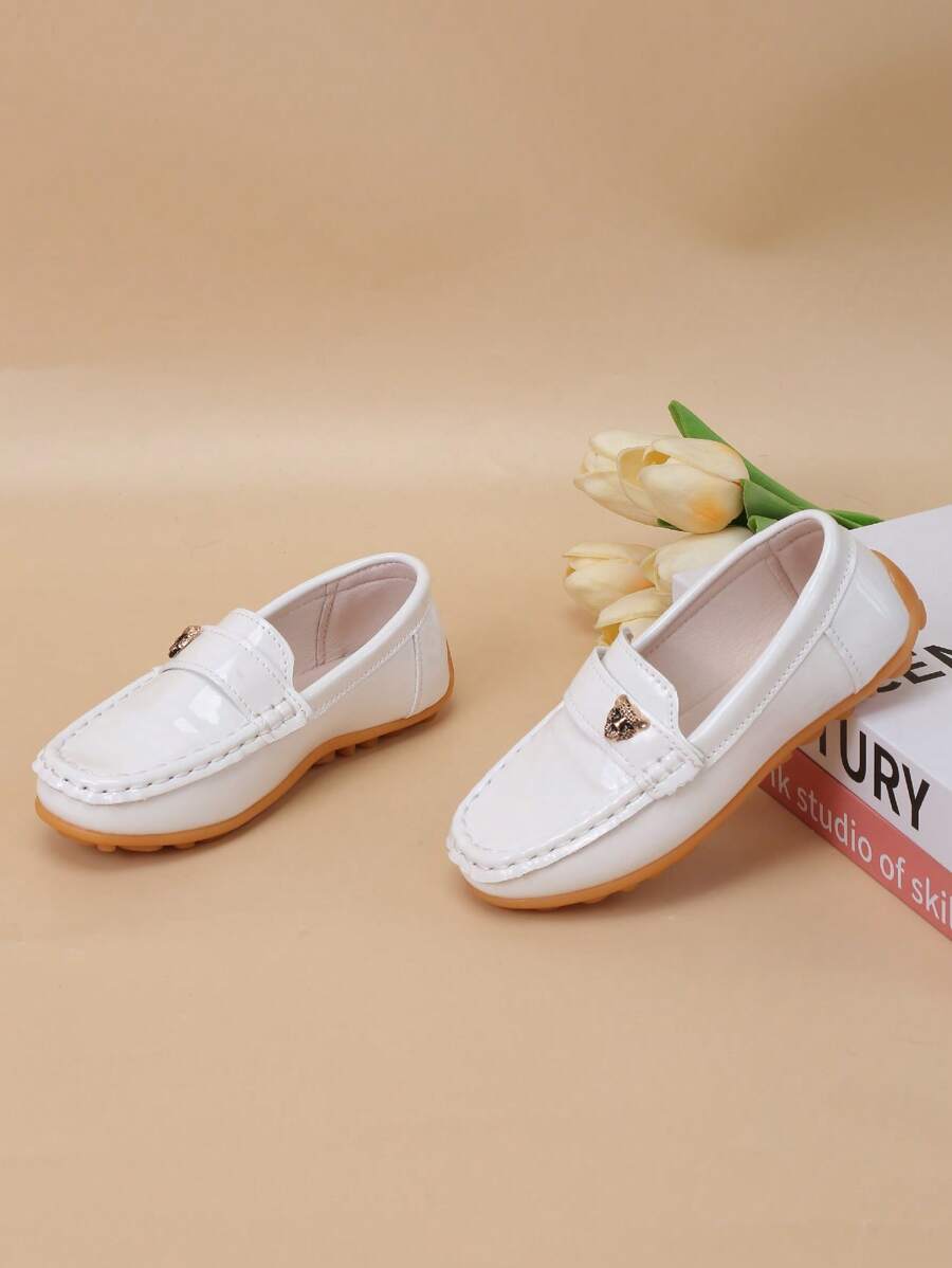 Mocasines planos cómodos con suela suave y hebilla en forma de cabeza de leopardo, estilo casual para niños - Blanco - Ver 1