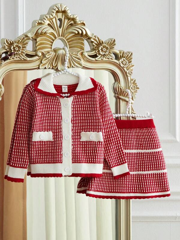 SHEIN Fete tinere tricotate în carouri cu mânecă lungă și fustă Set coordonate 2 piese, la modă, ocazional, drăguț, material moale potrivit pentru zi cu zi, ieșire, călătorii, vacanță, acasă, creșă, joacă, școală