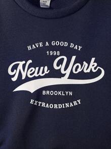 SHEIN Young Girls Digital Letter Print Round Neck Long Sleeve Plaid Hem Loose Casual Dress, Spring/Autumn