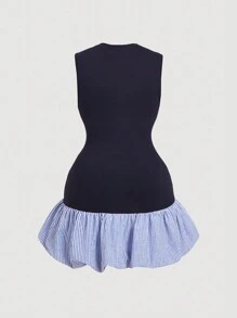 SHEIN MOD 大码复古可爱褶皱腰喇叭下摆中长连衣裙 - 藏蓝色 - 查看 2