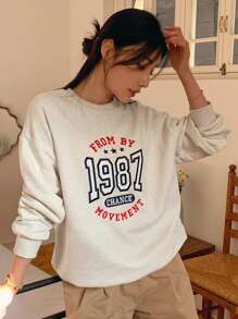 DAZY Women Letter Embroidered Loose Fit Long Sleeve Sweatshirt - Grey - View 3