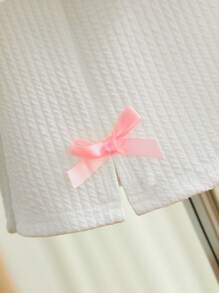 SHEIN 女婴甜美公主风格圆领蝴蝶结装饰上衣搭配不对称下摆和开衩裙套装，适合派对、秋冬季 - 白色 - 查看 3