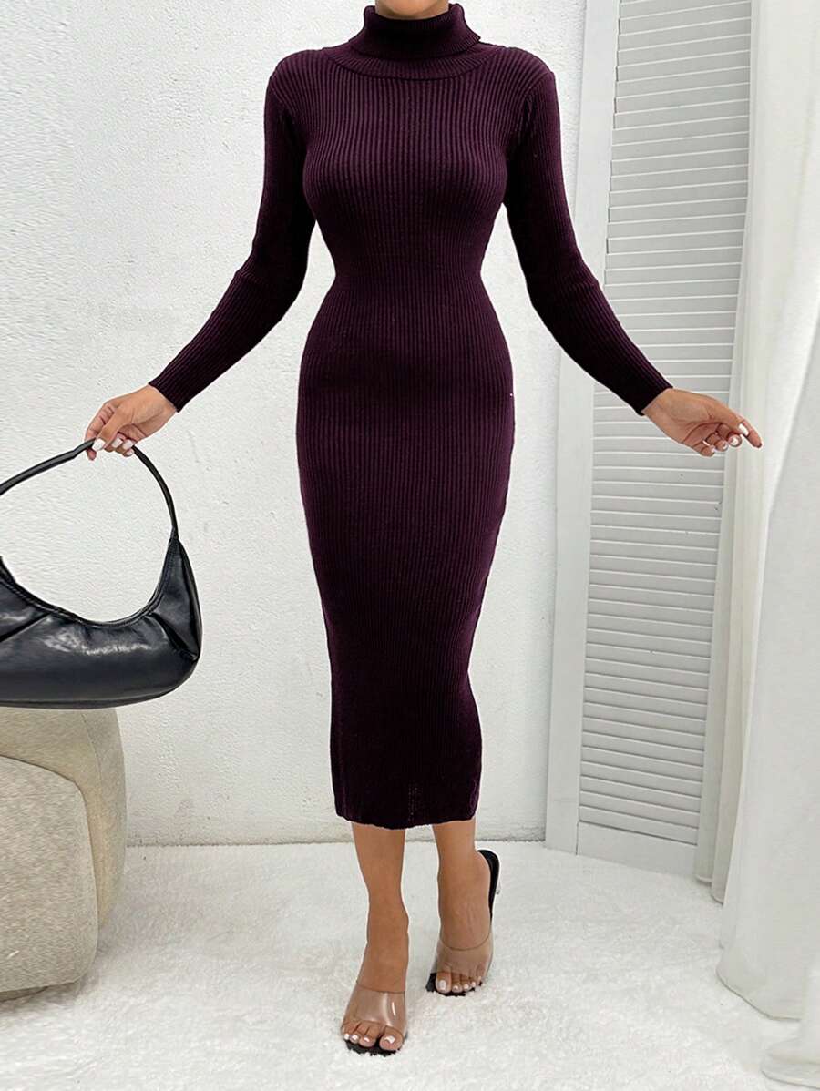 SHEIN PETITE 高领罗纹针织毛衣连衣裙纯色修身版型 - 米色 - 查看 1