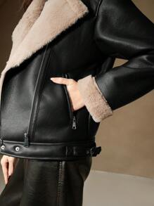 Anewsta Veste femme en PU noir et col  de lapin