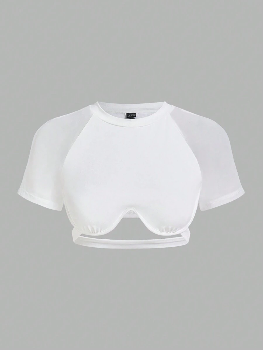 SHEIN ICON Women's Solid Color Mesh Splicing Shoulder Padded Wire-Rim Cropped Top - White - View 1