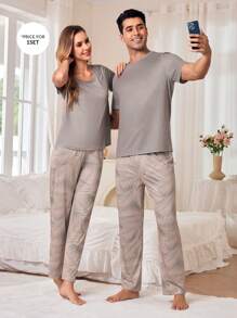 Men's Crew Neck Short Sleeve Simple Top And Pants Pajama Set - Multicolor - View 2