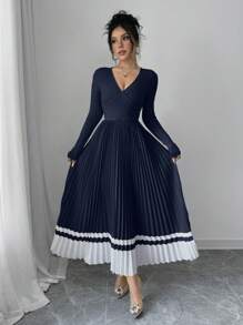 Elenzga V-Neck Pleated Color Block A-Line Everyday Elegant Vintage Dress Maxi Women Outfit