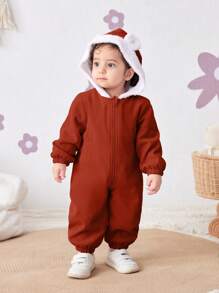 SHEIN Bộ đồ liền thân trùm đầu bằng vải nhung kẻ cho bé gái sơ sinh, thiết kế màu ấm áp cho mùa thu/đông - Nhiều màu - Xem 2