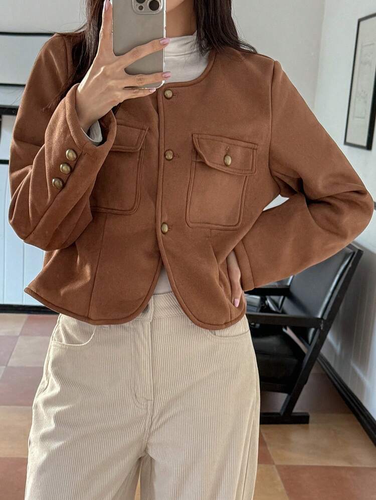 Women's Solid Color Long Sleeve Stand Collar Pocket Fitted Suedette Jacket For Autumn