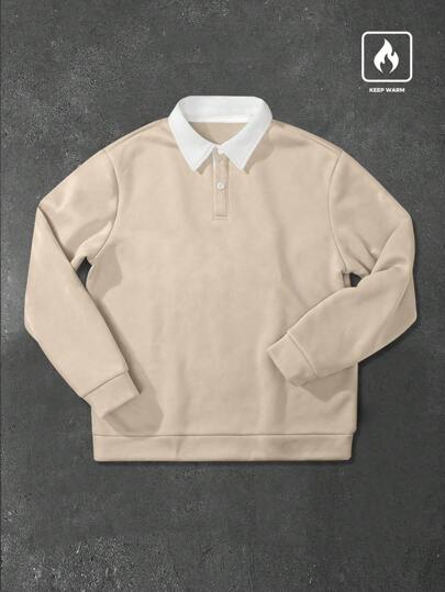 Manfinity Hypemode Locker sitzender Herren Kontrast Kragen Polokragen Sweatshirt Urlaubs Langarm Sweatshirt, als Geschenk für Freunde, Ehemann, Freund, für Herbst und Winter