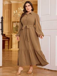 Mulvari Plus Size Women Lantern Sleeve Casual Half-Placket Long Shirt Dress For Autumn Maxi Women Outfit