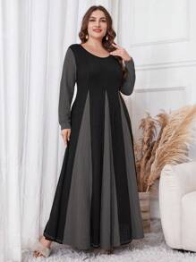 Al Najma 大码优雅拼色拼接连衣裙，适合秋季长款女装