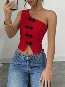 Gloray 1pc Asymmetric Hem Snap Button Front Sleeveless Top For New Year Clothes - Red - View 1