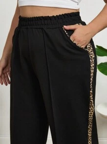 EURMUSE Plus Size Solid Color Patchwork Simple Long Pants, Casual For Daily Wear - Black - View 6