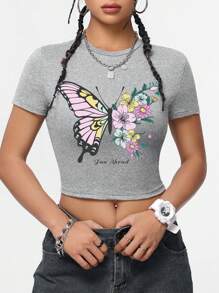 SHEIN EZwear 3pcs/Set Casual Minimalist Butterfly & Flower Print Crew Neck Short Sleeve Cropped Tee Suit For Women, Summer Suitable For Going Out - Multicolor - View 4