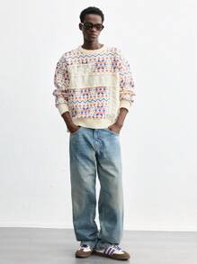 Maija 2025 Spring & Summer New Men's Multi-Color Round Neck Long Sleeve Graphic Details Casual Loose Knit Pullover Sweater, Thick & Warm, Fashionable For New Year, Date, Holiday Party, Valentine's Day