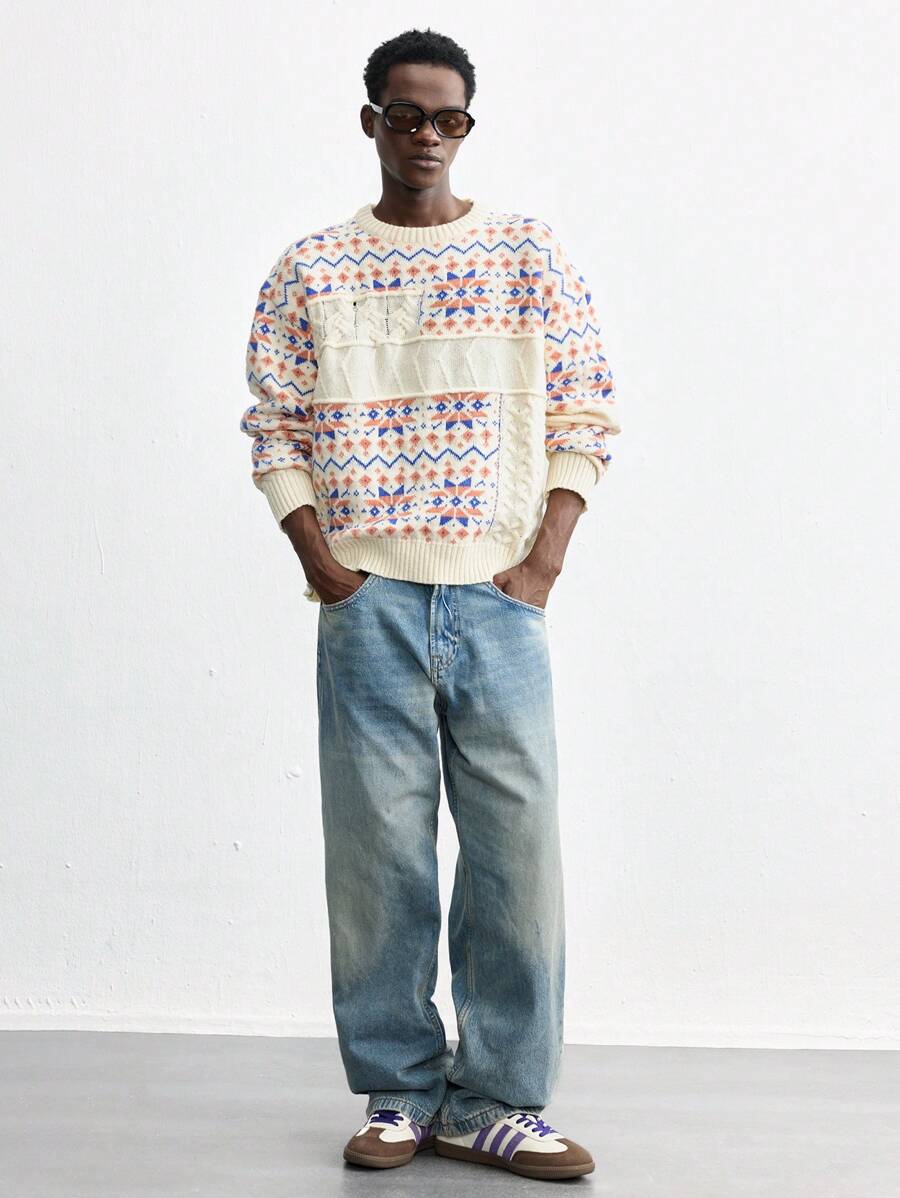 Maija 2025 Spring & Summer New Men's Multi-Color Round Neck Long Sleeve Graphic Details Casual Loose Knit Pullover Sweater, Thick & Warm, Fashionable For New Year, Date, Holiday Party, Valentine's Day