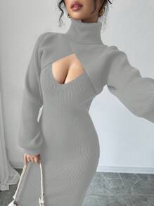 Chiquease 1 conjunto de vestido de suéter sin mangas con escote en V + suéter corto de cuello alto con mangas de linterna cruzadas