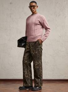 AKNOTIC Business Casual 男士宽松纹理提花圆领长袖毛衣，粉色混纺，适合秋冬季休闲穿着 - 粉色 - 查看 4